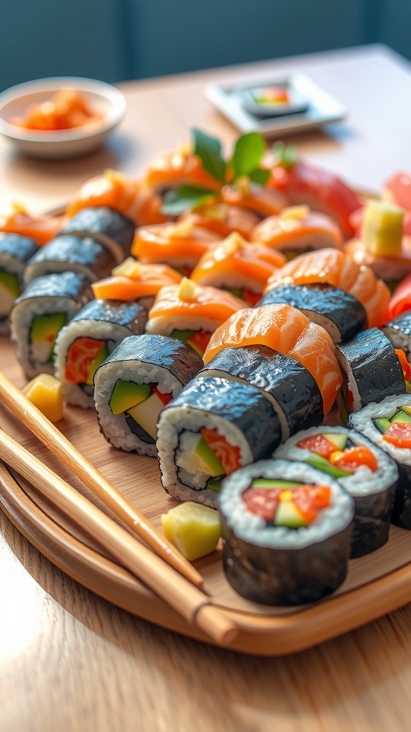 Colorful sushi rolls on a platter with salmon, avocado, and cucumber, garnished with wasabi and pickled ginger.